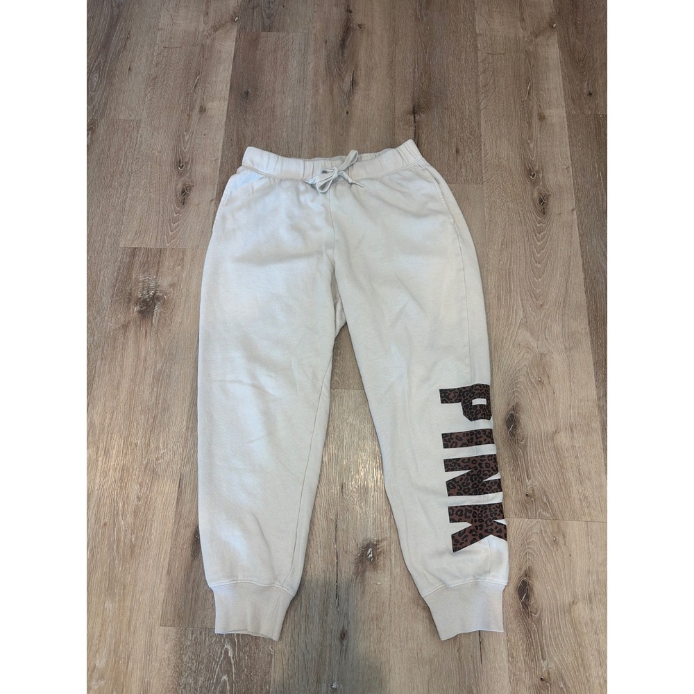 Victoria's Secret PINK Joggers Cream Leopard Print Logo Sweatpants Medium